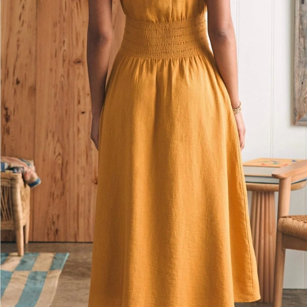 Faherty Coast to Coast Midi Dress Smocked Waist Cotton Honey Mustard Size M NWT - Picture 5 of 14